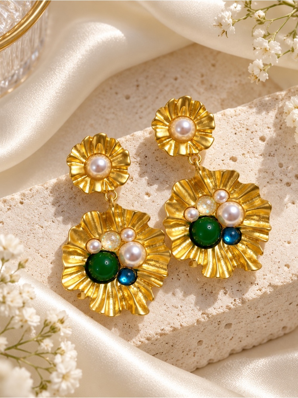 Gold Floral Statement Earrings with Green and Blue Accents